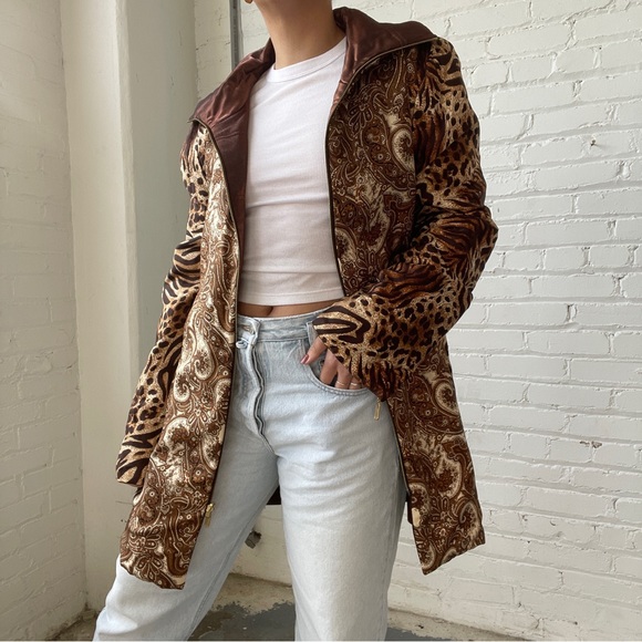 Vintage 90's St. John Bronze Pewter and Animal Print Reversible Puffer Jacket - Picture 5 of 7